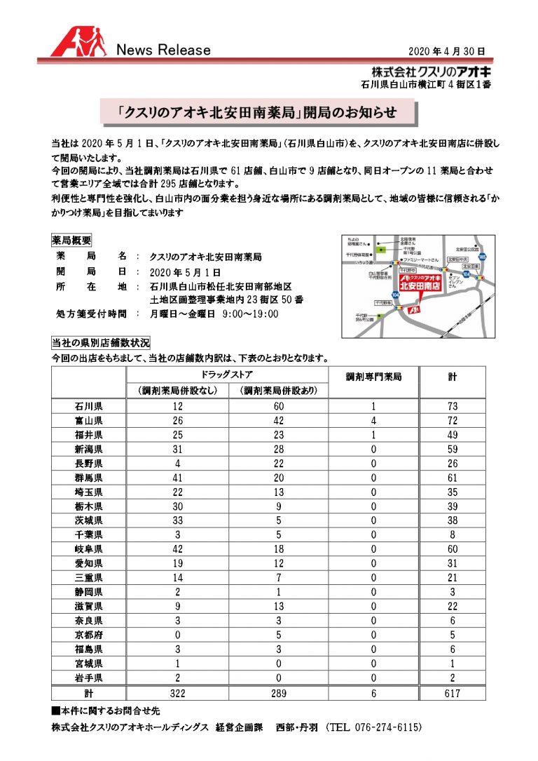 5月1日 石川県白山市 北安田南薬局 あなたのまちのクスリのアオキ
